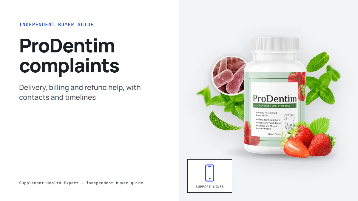 ProDentim complaints: a graphic with the ProDentim bottle, a phone icon and the headline ProDentim complaints