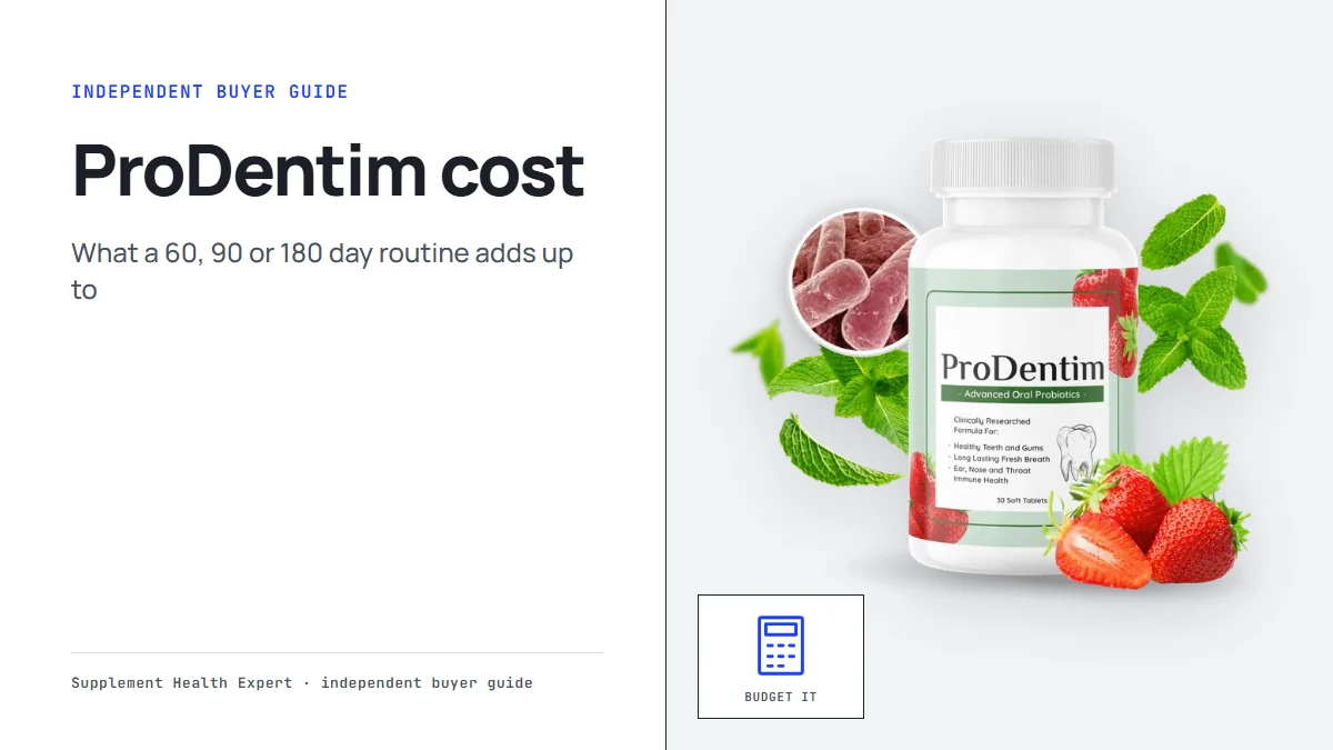 ProDentim cost: a graphic with the ProDentim bottle, a calculator icon and the headline ProDentim cost