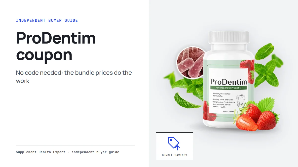 ProDentim coupon: a graphic with the ProDentim bottle, a price tag icon and the headline ProDentim coupon