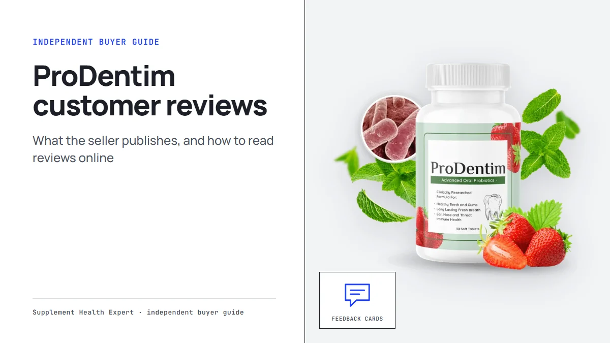 ProDentim customer reviews: a graphic with the ProDentim bottle, a chat icon and the headline ProDentim customer reviews