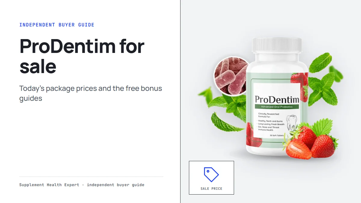 ProDentim for sale: a graphic with the ProDentim bottle, a price tag icon and the headline ProDentim for sale