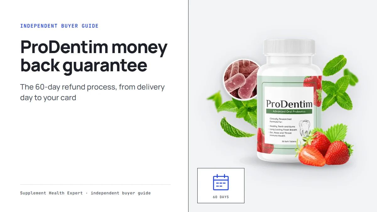 ProDentim money back guarantee: a graphic with the ProDentim bottle, a calendar icon and a 60 days label