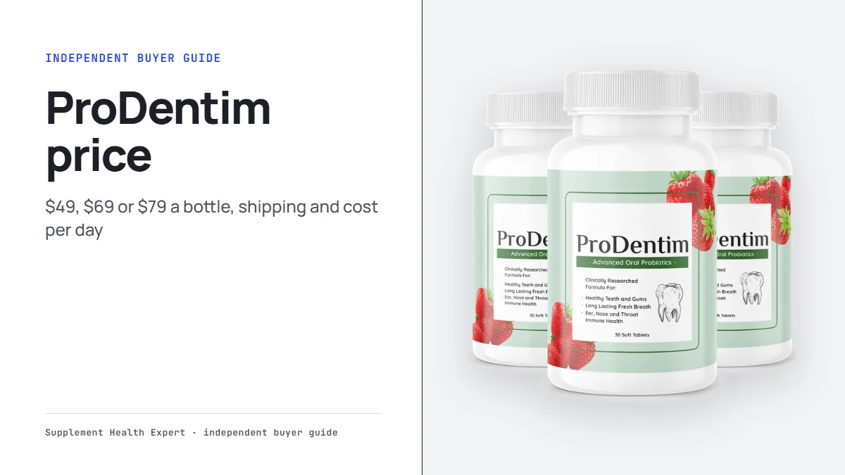 ProDentim price: a graphic with three ProDentim bottles in a row and the headline ProDentim price