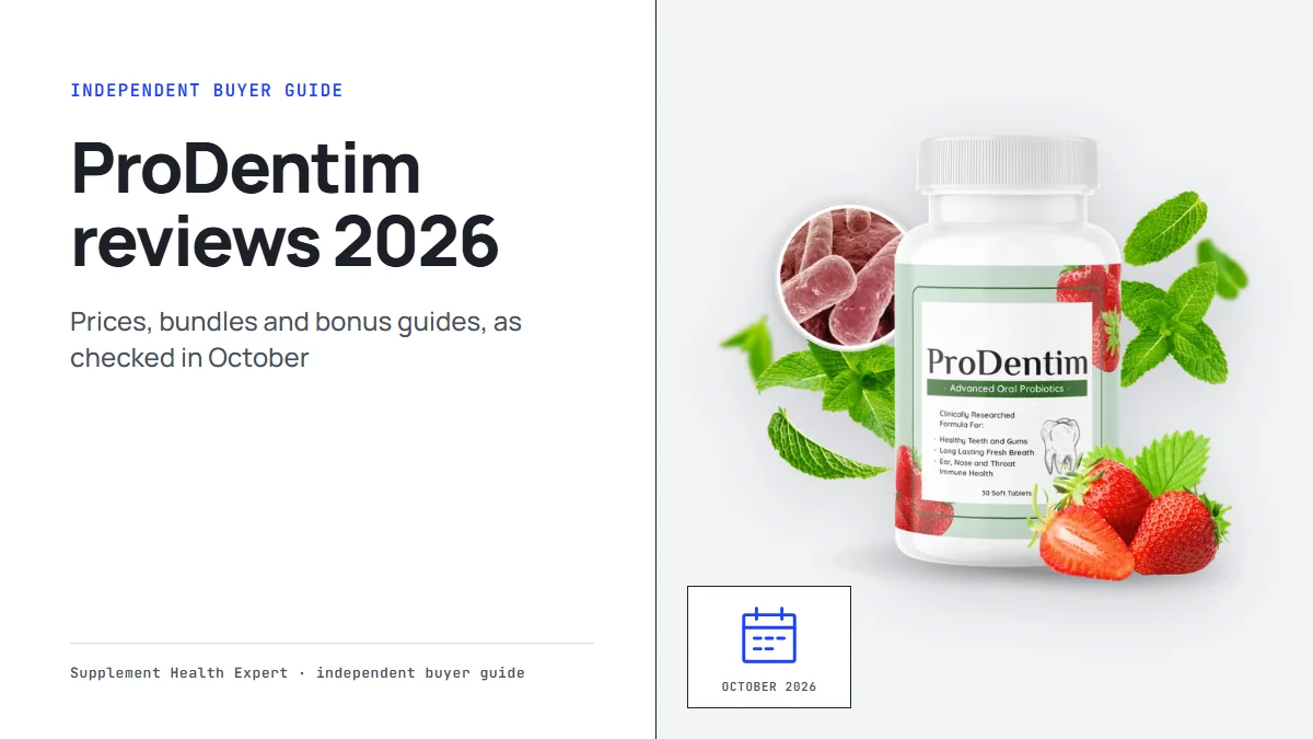 ProDentim reviews 2026: a graphic with the ProDentim bottle, a calendar icon and the headline ProDentim reviews 2026