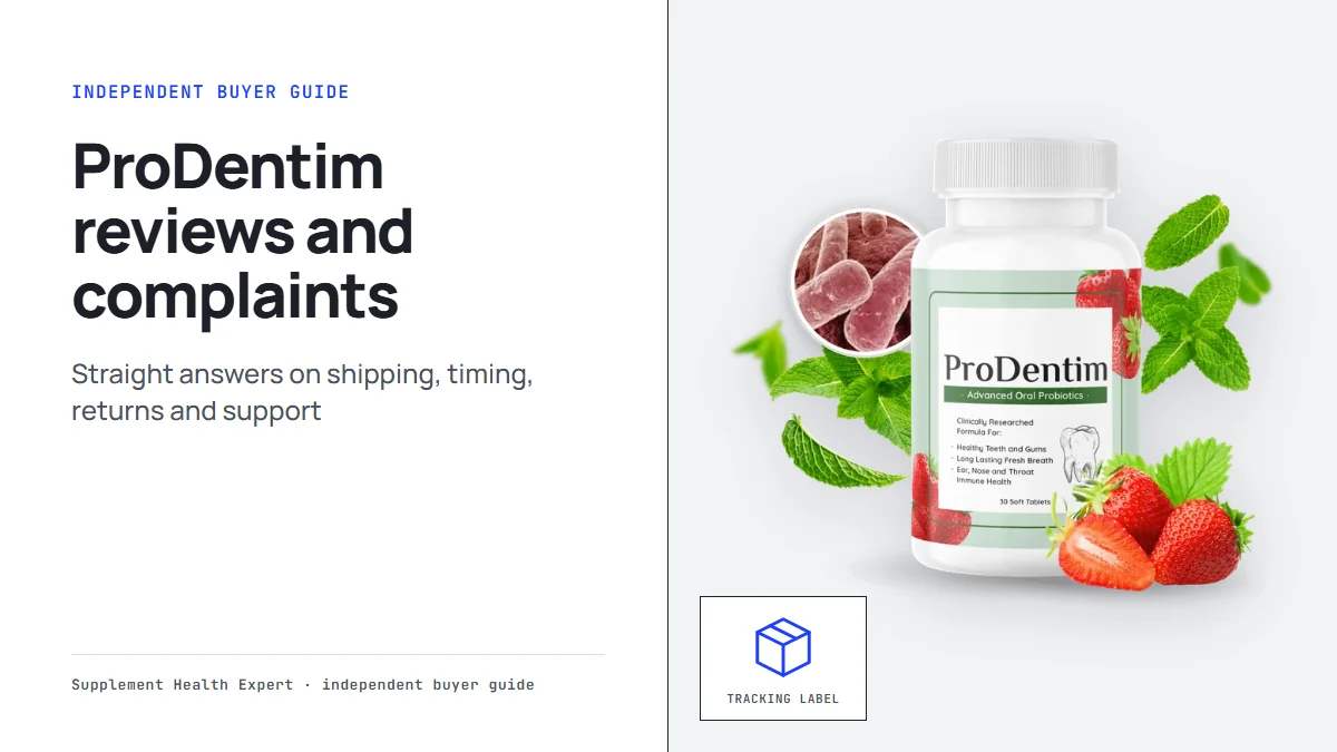 ProDentim reviews and complaints: a graphic with the ProDentim bottle, a parcel icon and the matching headline