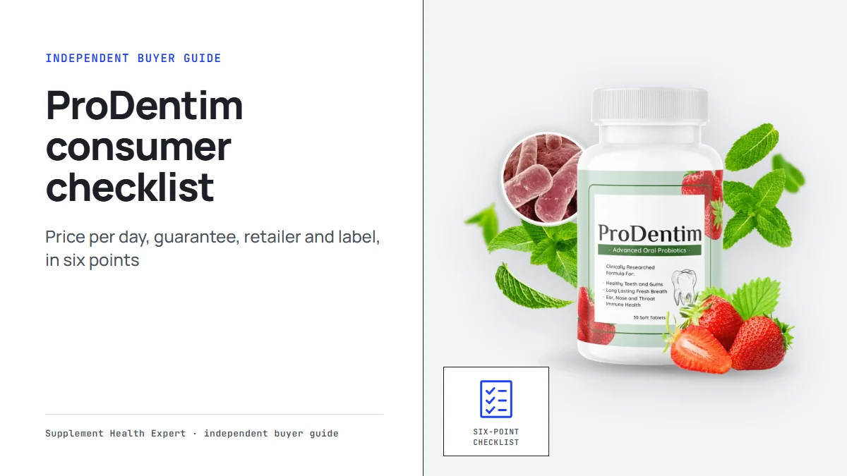 ProDentim reviews consumer reports: a graphic with the ProDentim bottle and the headline ProDentim consumer checklist