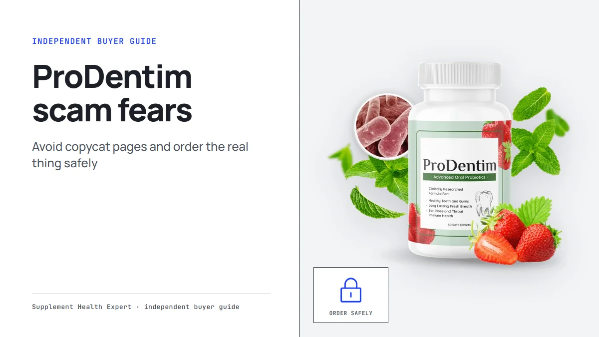 ProDentim scam: a graphic with the ProDentim bottle, a padlock icon and the headline ProDentim scam fears