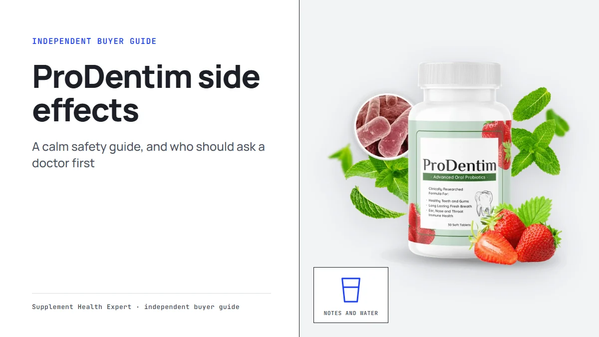 ProDentim side effects: a graphic with the ProDentim bottle, a water glass icon and the headline ProDentim side effects