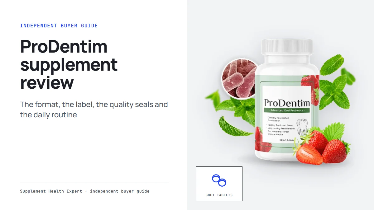 ProDentim supplement reviews: a graphic with the ProDentim bottle and the headline ProDentim supplement review