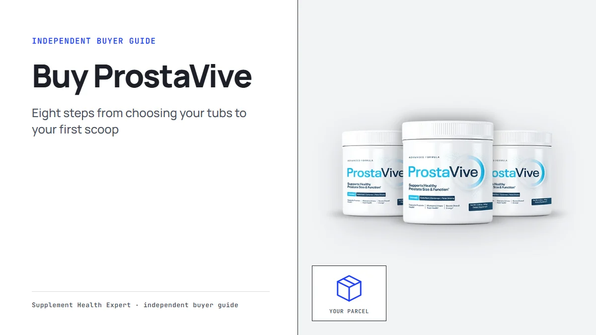 Buy ProstaVive graphic with three ProstaVive tubs beside an open parcel icon for your order