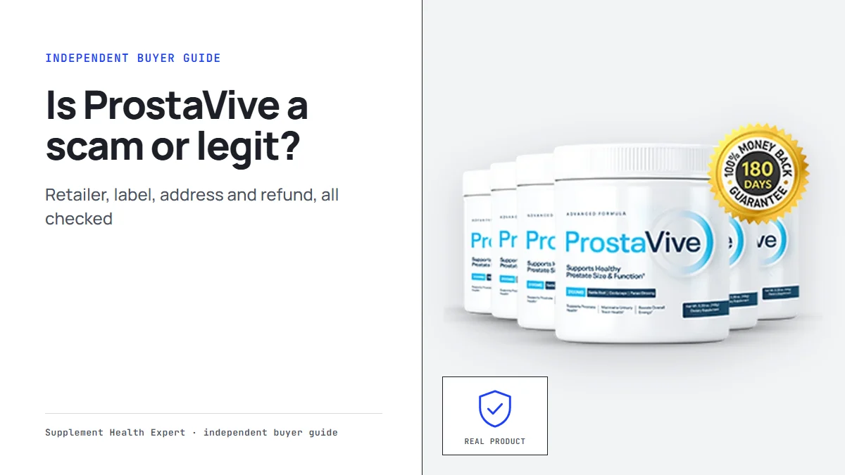 Is ProstaVive a scam or legit graphic with three ProstaVive tubs beside a shield icon marked real product
