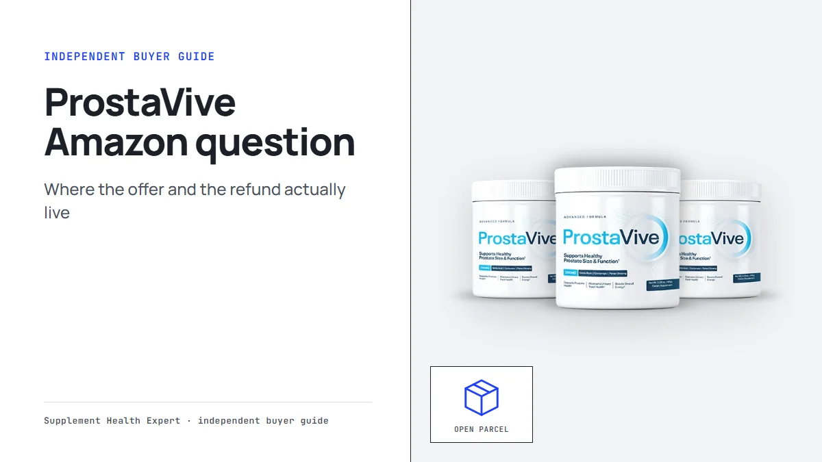 ProstaVive Amazon question graphic with three ProstaVive tubs beside an open parcel icon from the seller order page