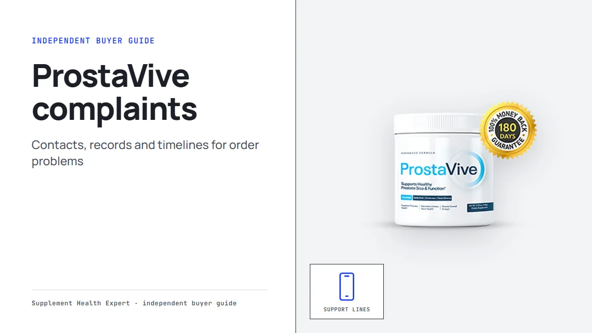 ProstaVive complaints help graphic with three ProstaVive tubs beside a phone icon for the support lines