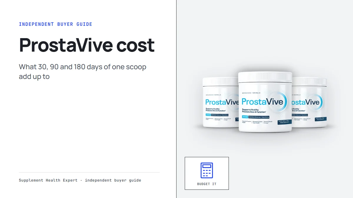 ProstaVive cost graphic with three ProstaVive tubs beside a calculator icon for budgeting a daily routine