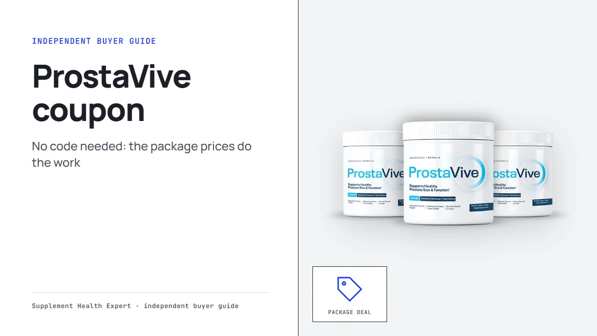 ProstaVive coupon graphic with three ProstaVive tubs beside a price tag icon labeled bundle deal