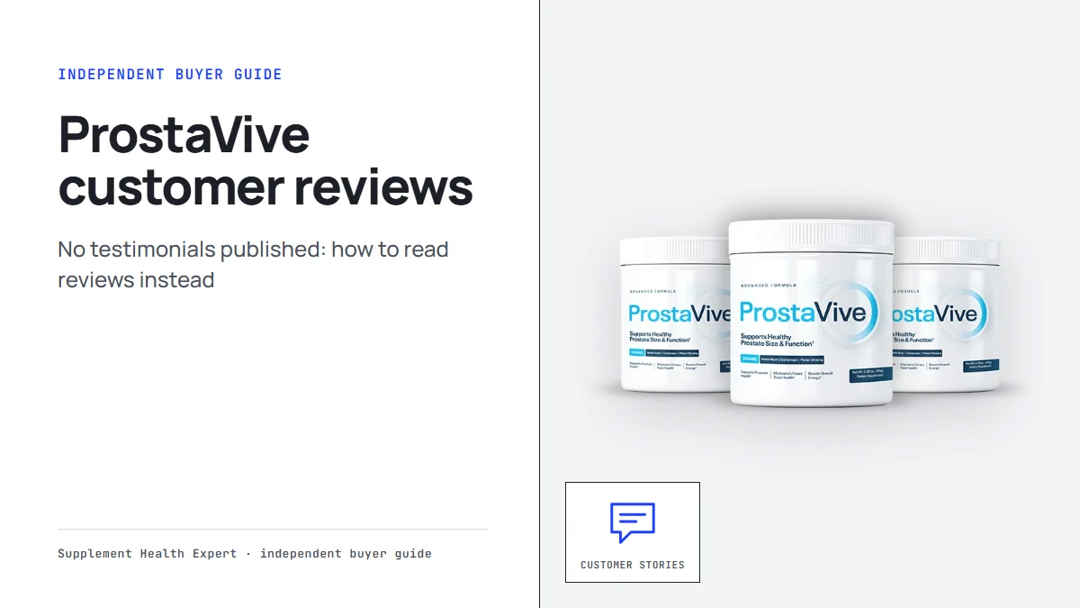 ProstaVive customer reviews graphic with three ProstaVive tubs beside a speech bubble icon labeled customer stories