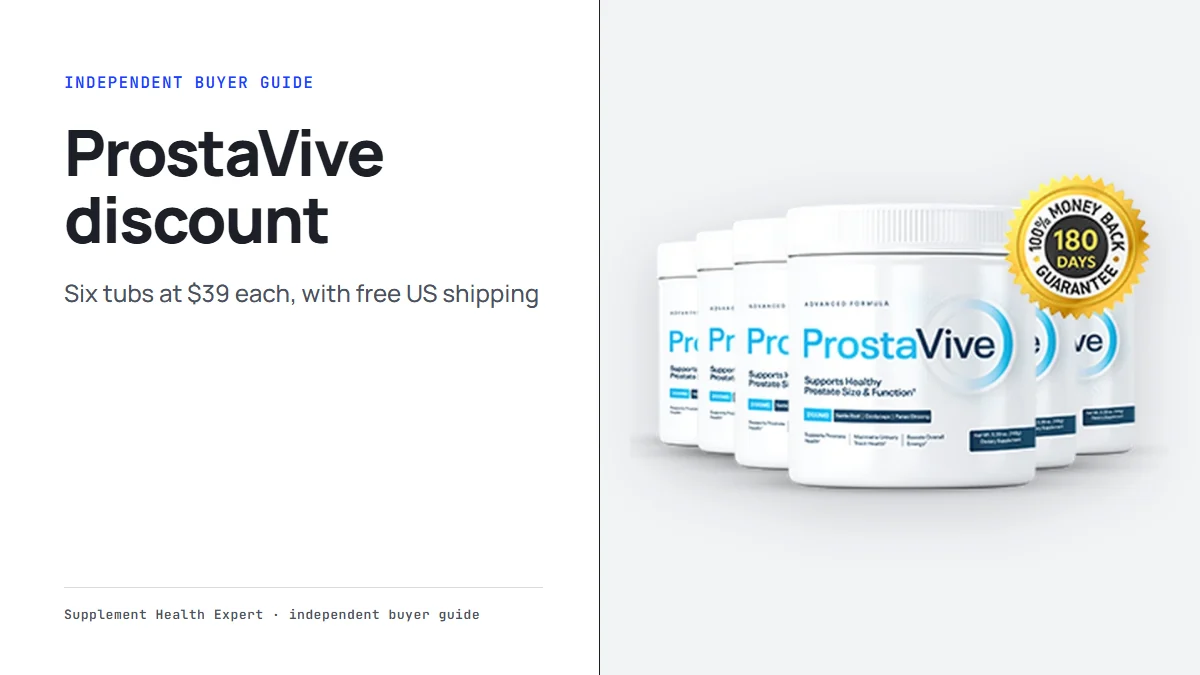 ProstaVive discount graphic with the six-tub ProstaVive package and the headline six tubs at $39 each