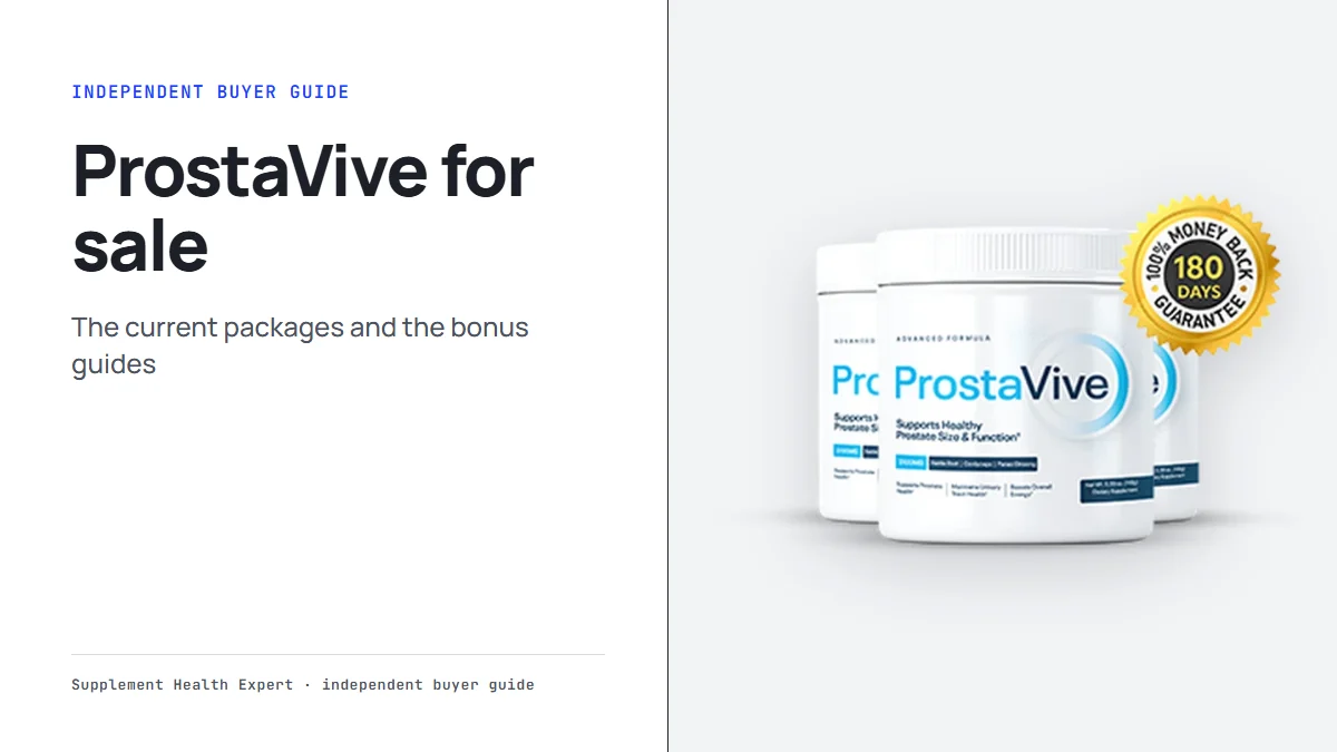 ProstaVive for sale graphic with the three-tub ProstaVive package and the headline current offer and bonus guides