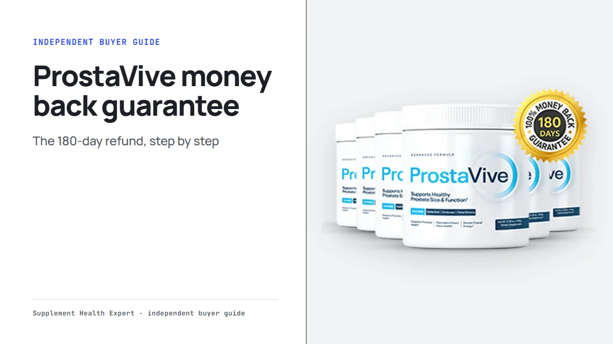 ProstaVive money back guarantee graphic with a six-tub ProstaVive package and a seal marked 180 days