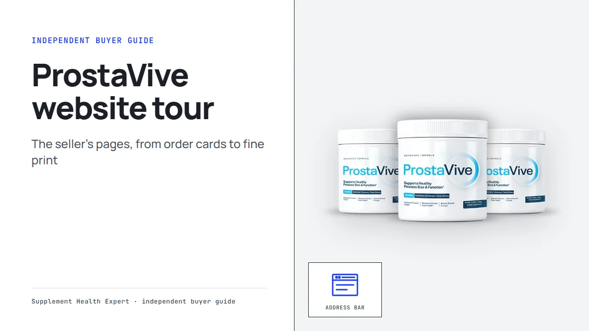 ProstaVive official website graphic with three ProstaVive tubs beside a browser window icon showing the address bar
