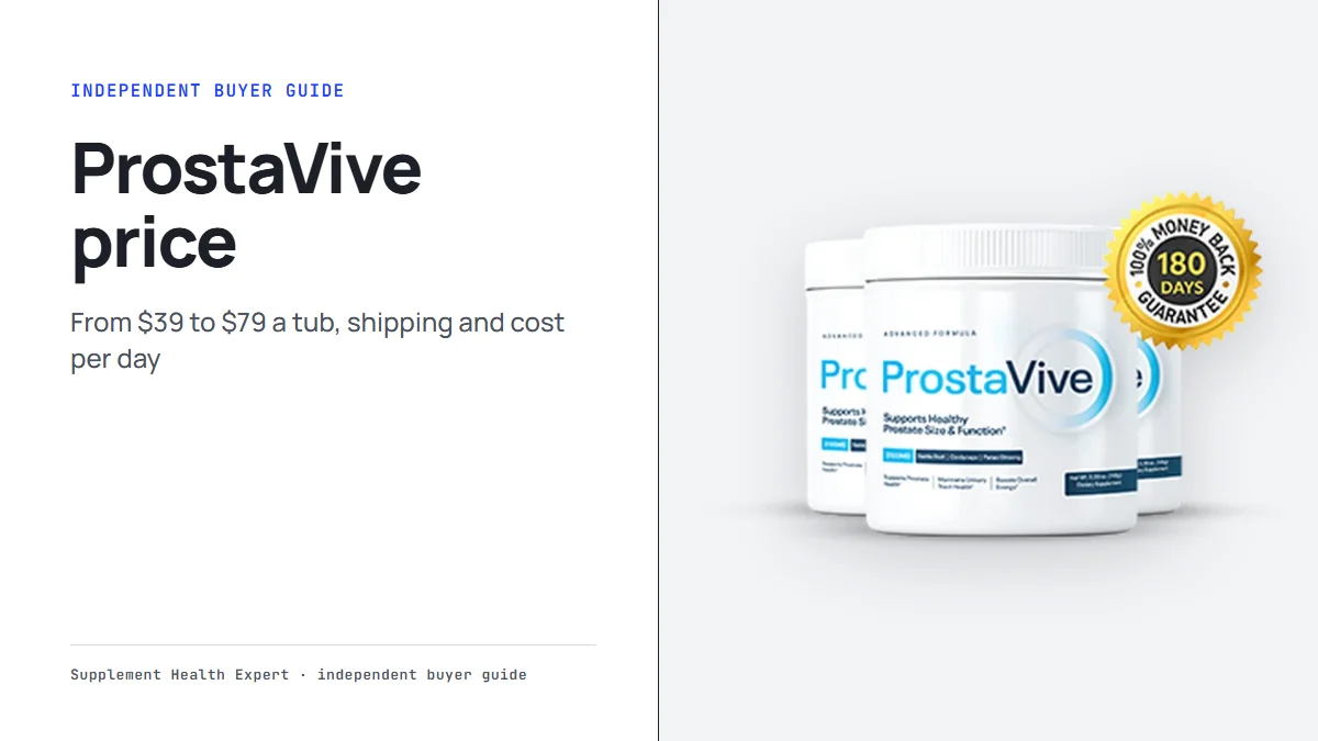 ProstaVive price graphic with the three-tub ProstaVive package and the headline ProstaVive price from $39 a tub