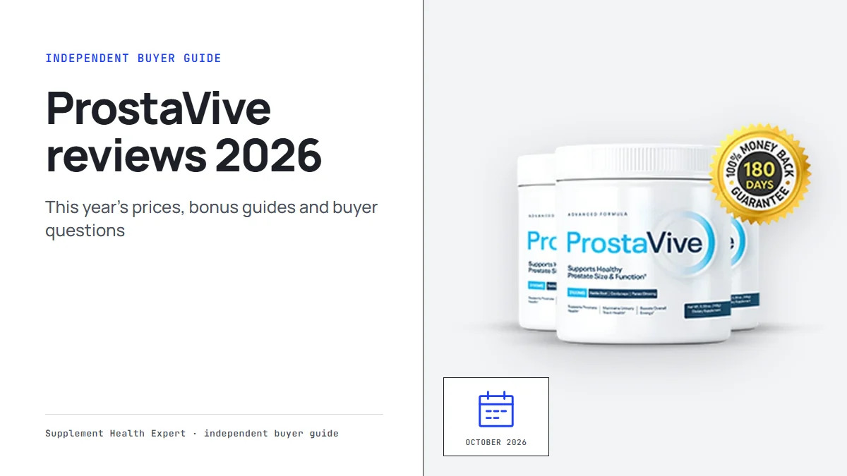 ProstaVive reviews 2026 graphic with three ProstaVive tubs beside a calendar icon marked October 2026