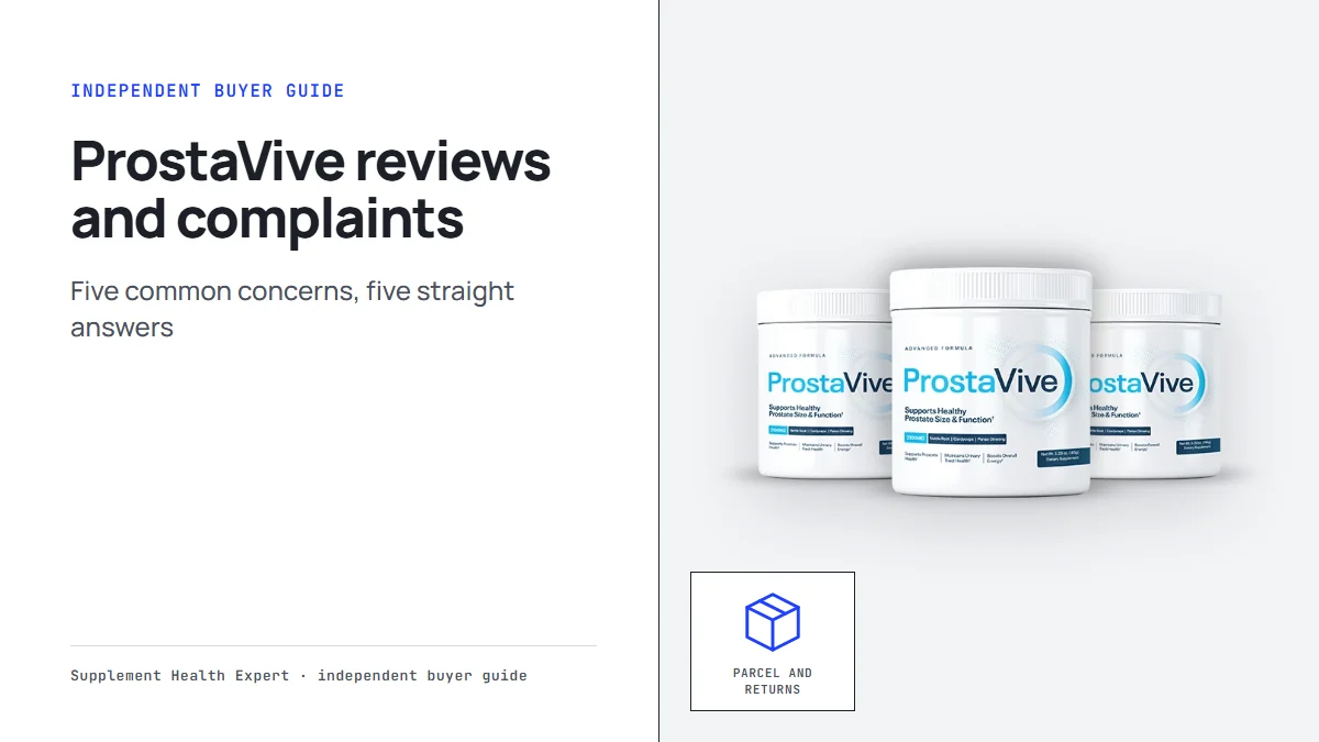 ProstaVive reviews and complaints graphic with three ProstaVive tubs beside a parcel icon for shipping and returns