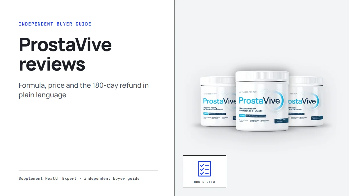 ProstaVive reviews graphic with three ProstaVive tubs of powder beside a checklist icon on a clean buyer guide layout