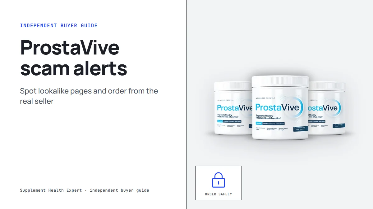ProstaVive scam alerts graphic with three ProstaVive tubs beside a padlock icon for ordering from the real seller