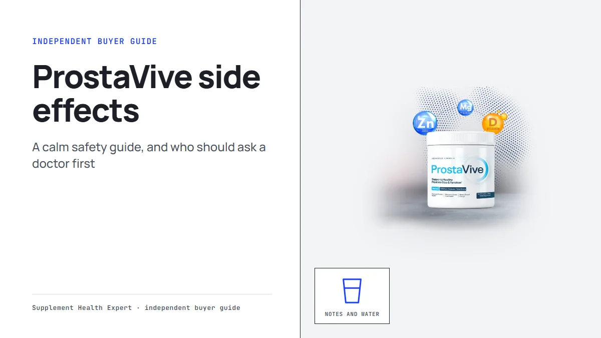 ProstaVive side effects graphic with three ProstaVive tubs and vitamin icons for a calm safety guide