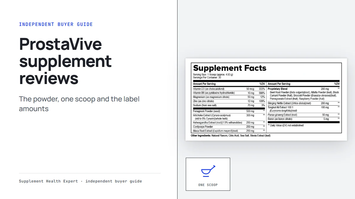 ProstaVive supplement reviews graphic with the ProstaVive supplement facts label beside a scoop icon for one serving