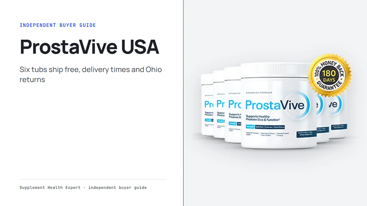 ProstaVive USA graphic with three ProstaVive tubs beside a parcel icon for US shipping and returns