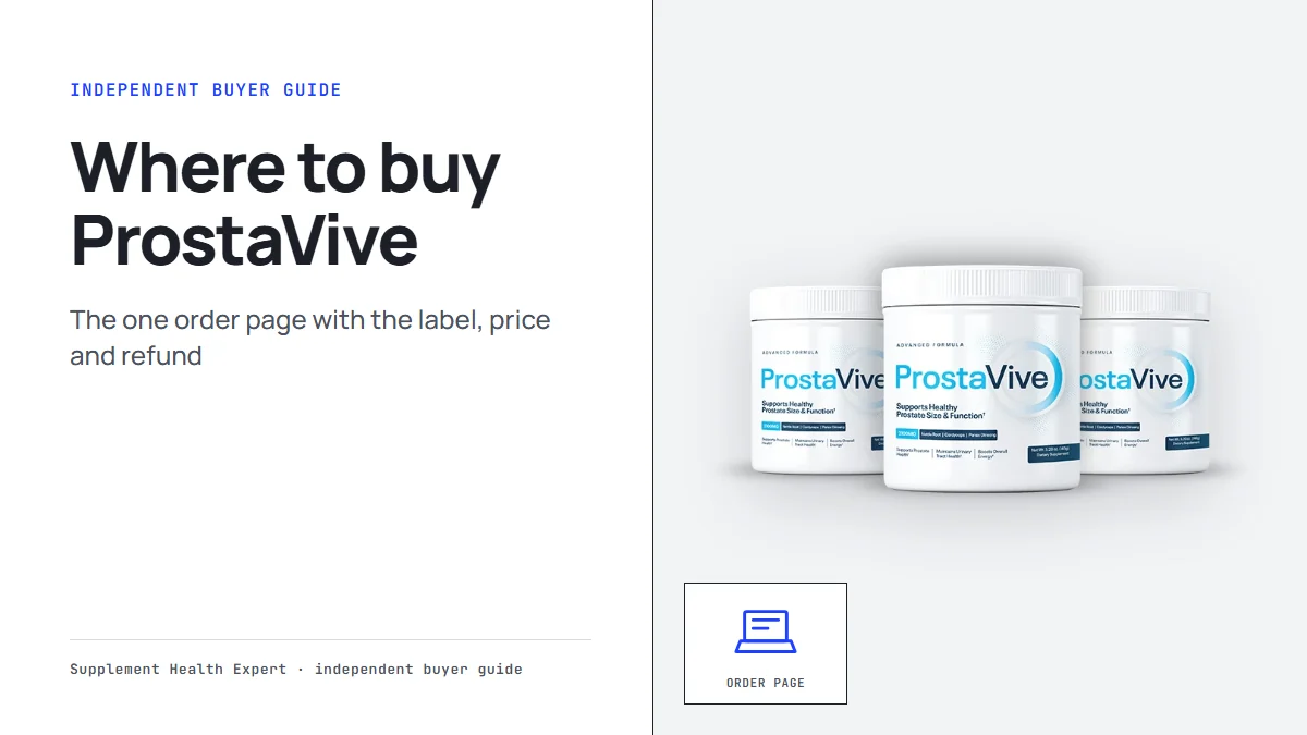 Where to buy ProstaVive graphic with three ProstaVive tubs beside a laptop icon showing the seller order page