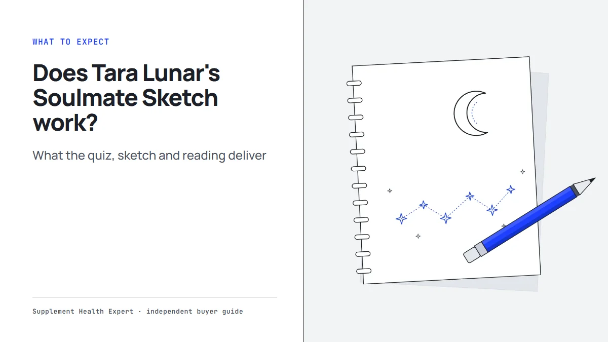 Does Tara Lunar's Soulmate Sketch work: our own illustration of a sketchbook page with a pencil, a crescent moon and stars