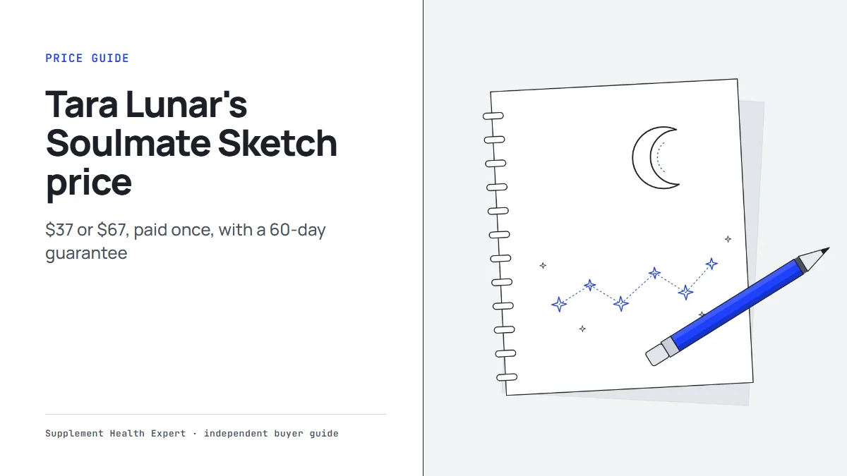Tara Lunar's Soulmate Sketch price: our own illustration of a sketchbook page with a pencil, a crescent moon and stars