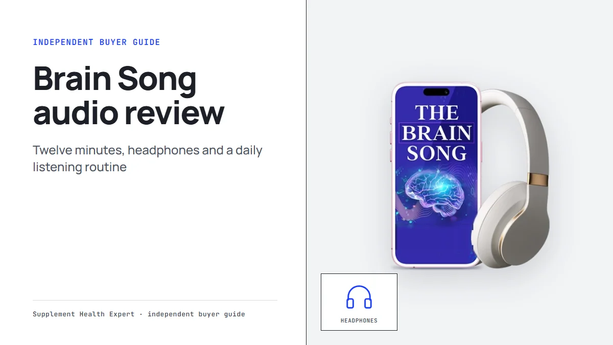 The Brain Song audio review: The Brain Song on a phone beside headphones, with a headphones icon below