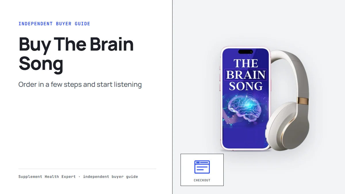 The Brain Song on a phone beside headphones with a browser icon, a guide on how to buy the brain song