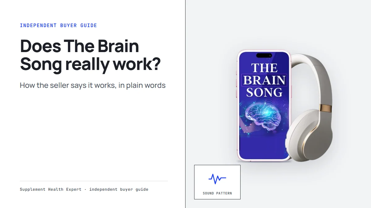 The Brain Song on a phone beside headphones, asking does the brain song really work, with a sound wave icon