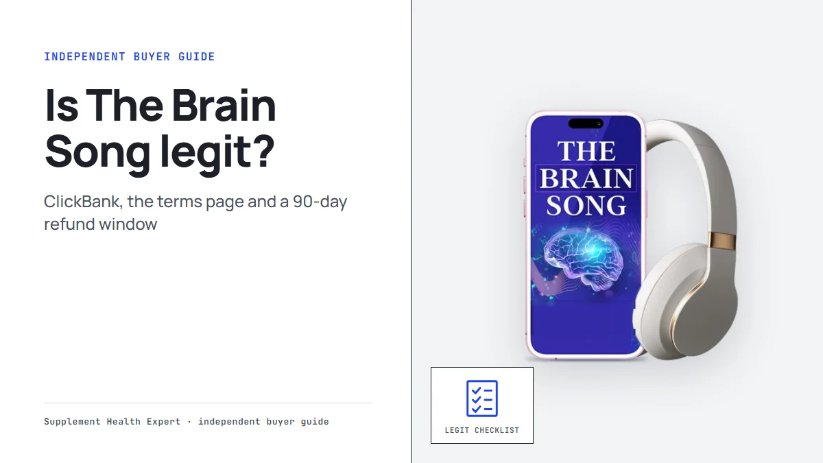 The Brain Song on a phone beside headphones, answering the question is the brain song legit, with a checklist icon
