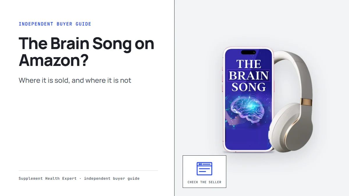 The Brain Song Amazon question: a phone with The Brain Song cover and headphones beside a browser icon, check the seller