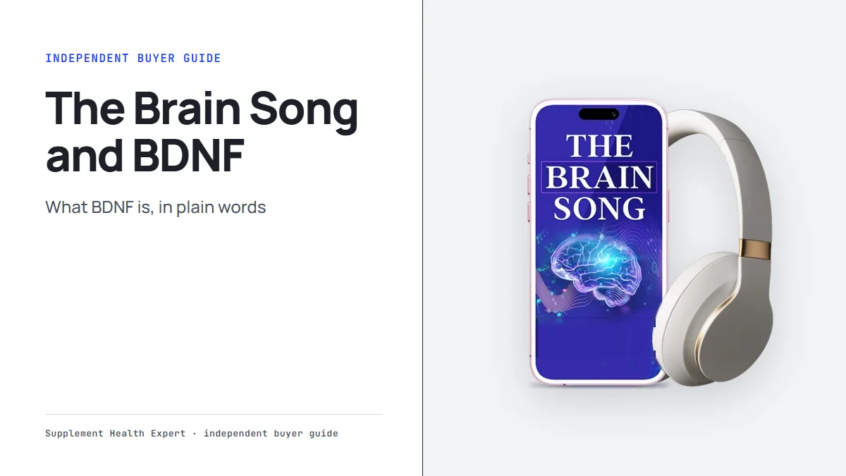 The Brain Song BDNF explainer: a phone with The Brain Song cover and headphones, a guide to what BDNF is in plain words