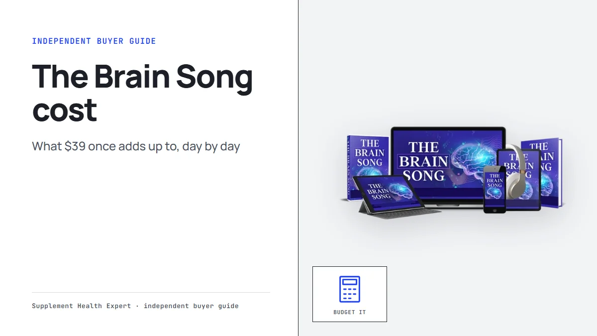 The Brain Song cost: a device mockup of The Brain Song audio on a phone, tablet and laptop beside a calculator icon