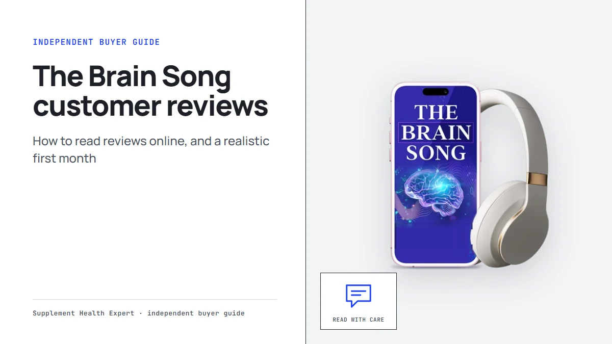 The Brain Song customer reviews: a phone showing The Brain Song cover and headphones beside a speech bubble icon