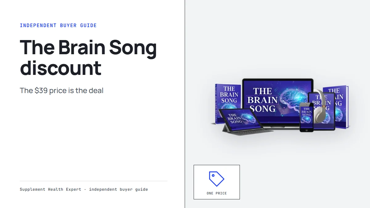 The Brain Song discount: a device mockup of The Brain Song audio on a phone, tablet and laptop beside a price tag icon