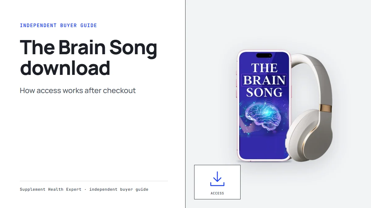 The Brain Song download: a phone with The Brain Song cover and headphones beside a download arrow icon