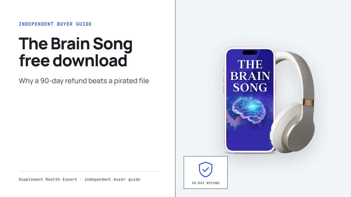 The Brain Song free download: a phone with The Brain Song cover and headphones beside a shield icon and 90-day refund