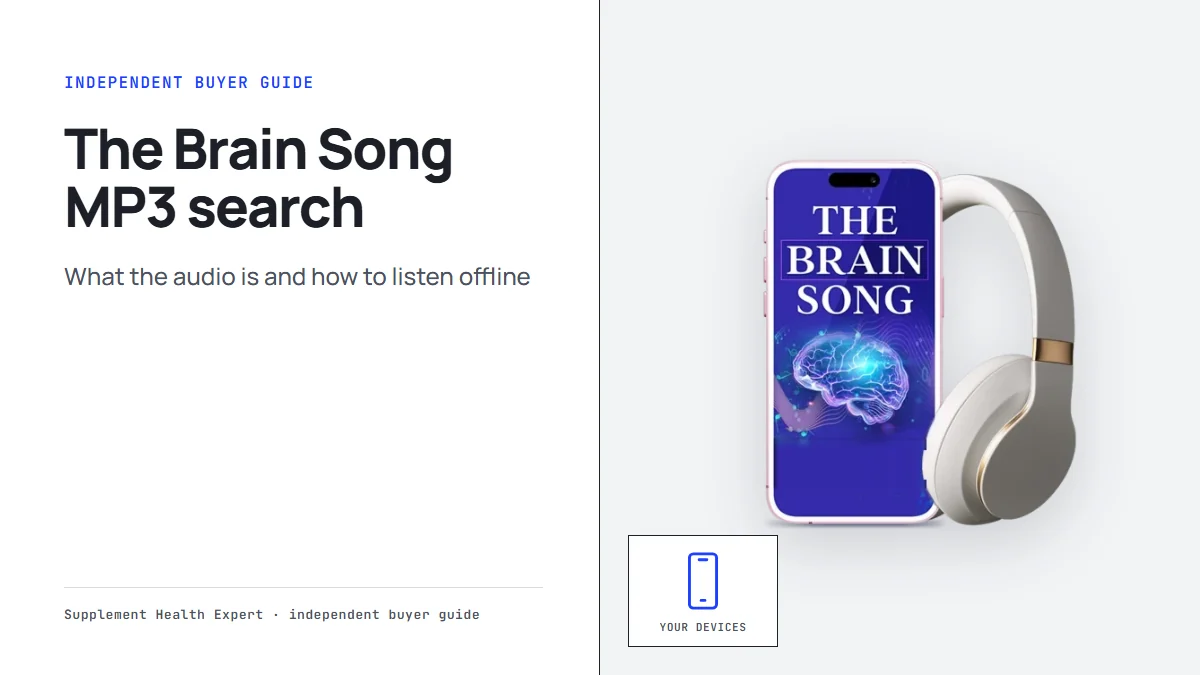 The Brain Song MP3 search: a phone with The Brain Song cover and headphones beside a phone icon and the words your devices