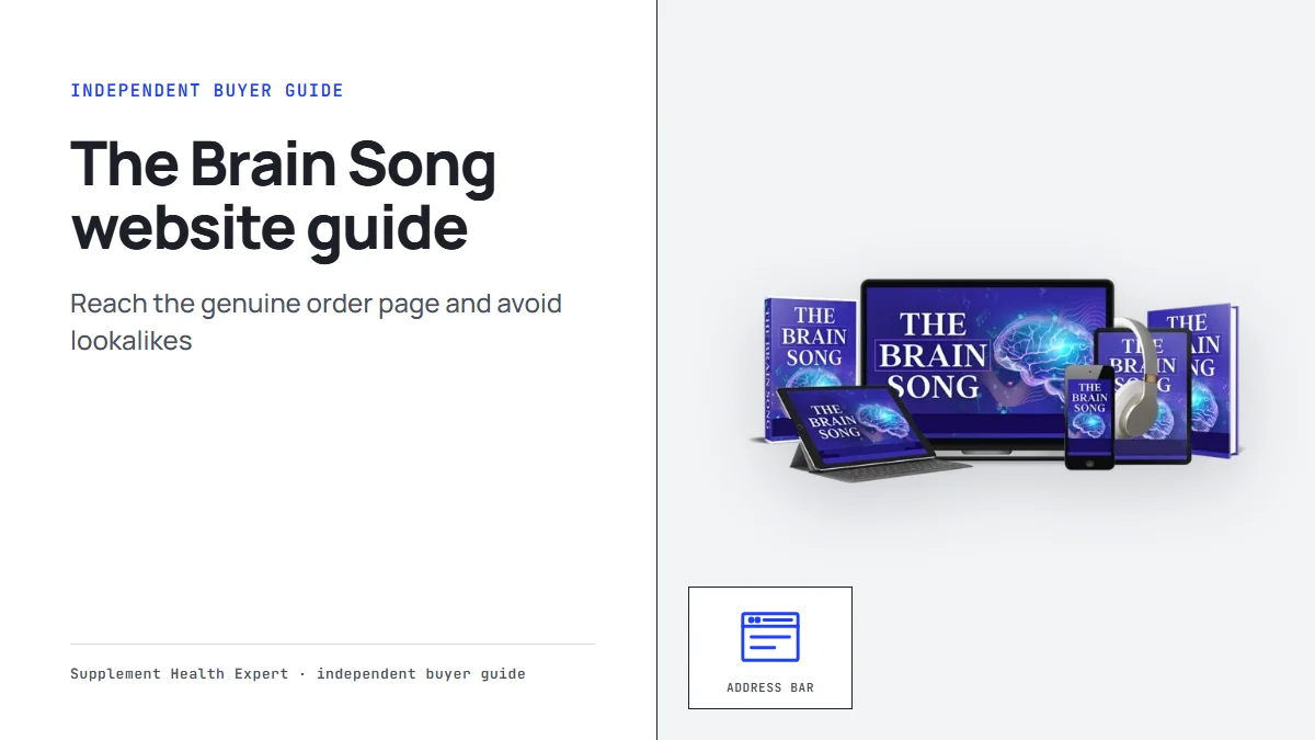 The Brain Song official website guide: a device mockup of The Brain Song audio beside a browser icon and address bar