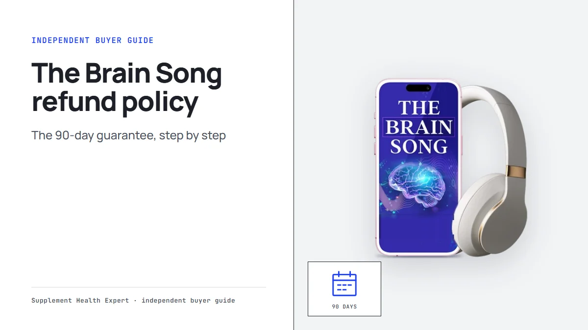 The Brain Song refund policy: a phone with The Brain Song cover and headphones beside a calendar icon and the words 90 days