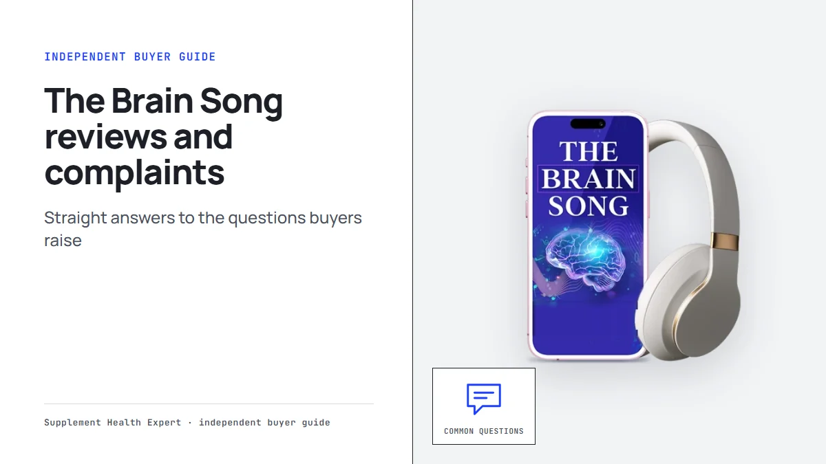 The Brain Song reviews and complaints: a phone with The Brain Song cover and headphones beside a speech bubble icon